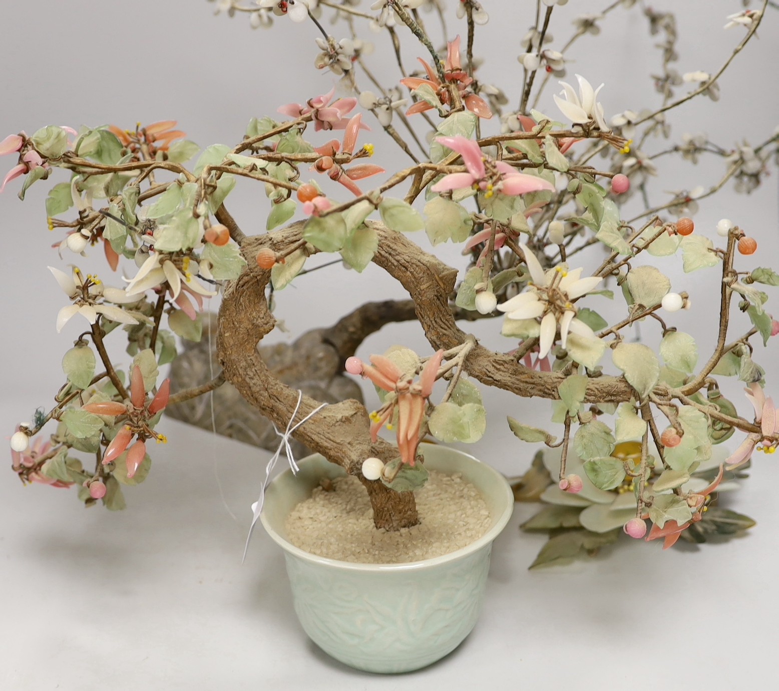 Two Chinese hardstone trees and a pair of similar sconces